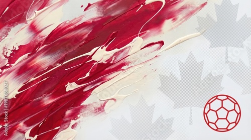 An abstract painting with a soccer ball, patriotic color palette and maple leaves symbolizes the Canadian flag