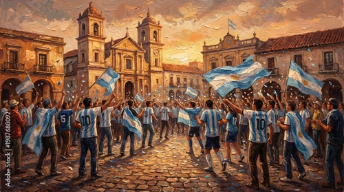 Celebrating moment with fans on the historic town square, waving flags under the golden sunset. The joyous atmosphere reflects the vibrant culture.