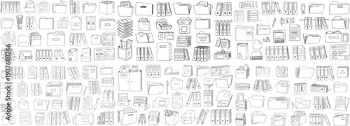 A detailed illustration of office supplies and storage items, showcasing a variety of organizational tools.