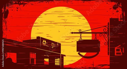 Vintage Blacksmith Shop Sign Silhouette in Wild West Sunset