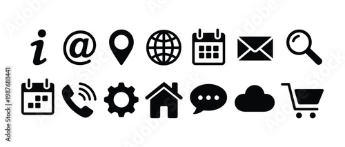 Website communication icon set, flat vector collection of contact, information, and user interface symbols including email, phone, chat, and support for web design, apps, and digital platforms