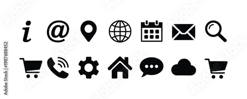 Website communication icon set, flat vector collection of contact, information, and user interface symbols including email, phone, chat, and support for web design, apps, and digital platforms