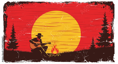 Cowboy Playing Guitar by Campfire at Sunset Vintage Vector