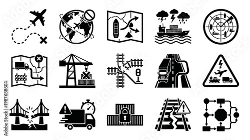 Logistics Icons: Transportation, Shipping, Supply Chain, Delivery, and Warning Signs