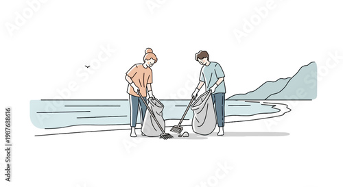 Volunteers cleaning up trash on the beach vector illustration
