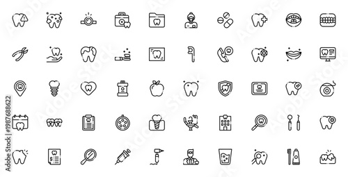 Dentist icon set. Dental care vector icons pack. Includes tooth, implant, braces, decay, whitening, tools and more. Minimal line editable illustrations.
