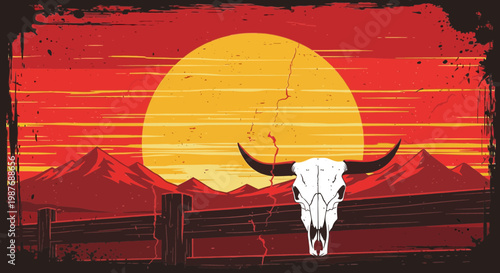 Wild West Desert Sunset with Cow Skull on Wooden Fence