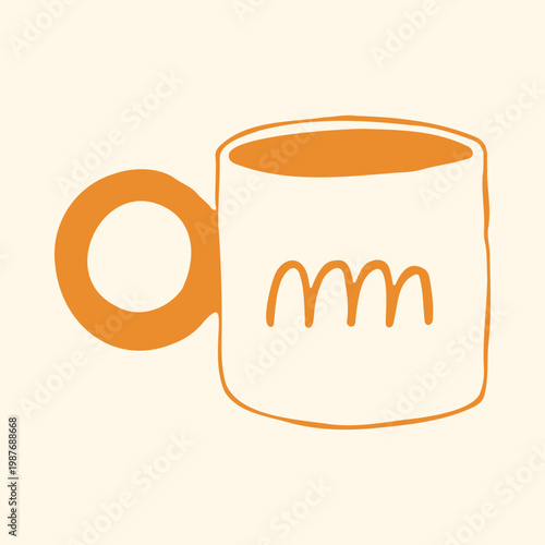 Vector illustration of a white ceramic mug with a solid yellow round handle and wavy abstract lines. Trendy doodle graphic of a modern coffee cup for stylish kitchen decor or food photography