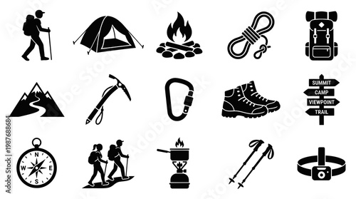 Camping and Hiking Icons: Black and White Glyph Style