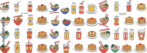 A vibrant assortment of delicious foods and drinks, featuring pancakes, noodles, and refreshing beverages.