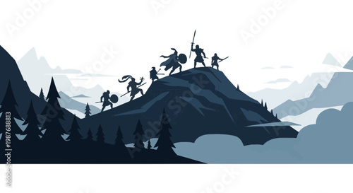 Epic Warriors Group Climbing a Mountain Peak Vector Illustration