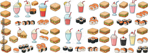 A vibrant assortment of delicious food items, including sandwiches, sushi, and milkshakes in playful illustrations.