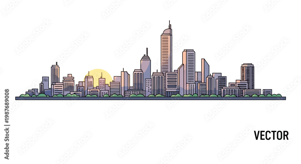 Naklejka premium Modern City Skyline Vector Illustration at Sunset