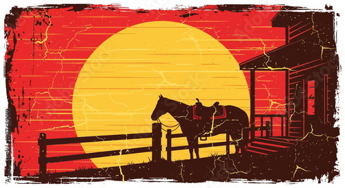 Vintage Wild West Sunset Silhouette with Horse and Ranch House