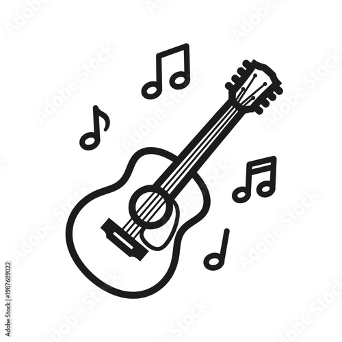 Acoustic Guitar Illustration with Music Notes Line Art Vector