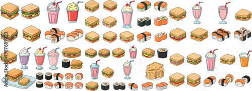 A colorful array of various delicious food items, including sushi, sandwiches, and drinks.
