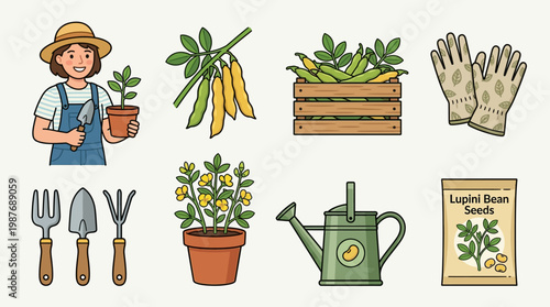 Gardening tools and supplies with a woman holding a plant in a pot and various gardening equipment
