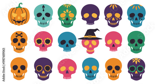 Festive and vibrant collection of cartoon sugar skulls and a cheerful pumpkin, celebrating Halloween and Day of the Dead traditions with a playful and decorative style