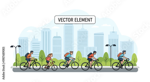 Group of cyclists riding bikes through urban city park vector