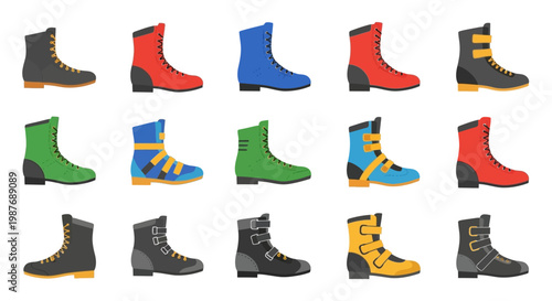 A collection of colorful, flat design winter boots and snow boots for men and women, perfect for outdoor activities