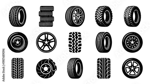 Black and White Vector Icons of Car Tires and Wheels