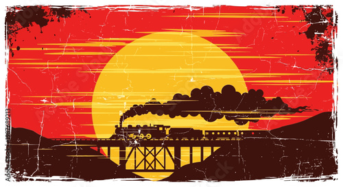 Vintage Steam Train on Trestle Bridge at Sunset Retro Poster