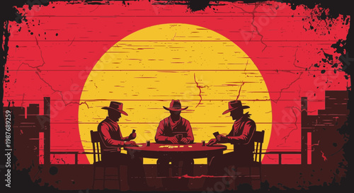 Cowboy silhouettes playing poker at sunset vintage vector