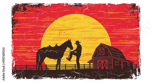 Vintage Cowboy Mounting Horse at Sunset Silhouette on Farm