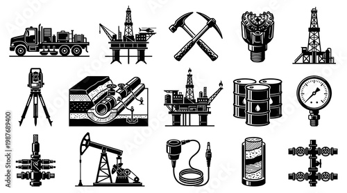 Oil and Gas Industry Glyphs: Exploration, Production,  Tools Black  White Vector Icons