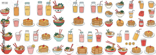 Assorted colorful food and drinks illustrations, featuring pancakes, bowls, smoothies, and desserts.