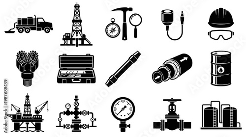Oil and Gas Industry Equipment Glyphs Icons Set. Petroleum Exploration and Production Symbols.