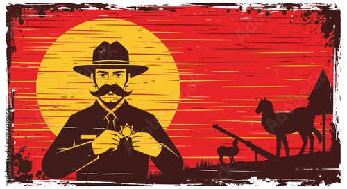 Vintage Sheriff Illustration with Badge and Sunset Background