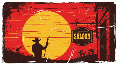 Vintage Wild West Cowboy Silhouette at Sunset with Saloon Sign