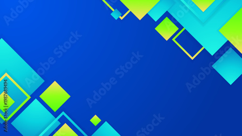 Technological design featuring cyan and lime green geometric borders on deep blue