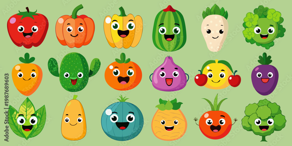 Obraz premium Colorful Cartoon Vegetables Set