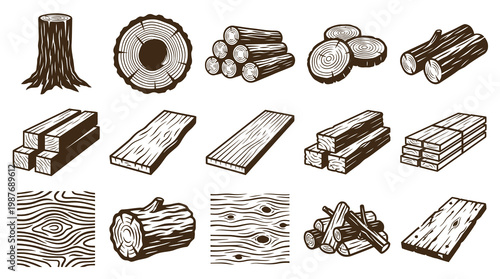 Wooden Elements Vector Set - Tree, Logs, Planks, Wood Grain - Line Art