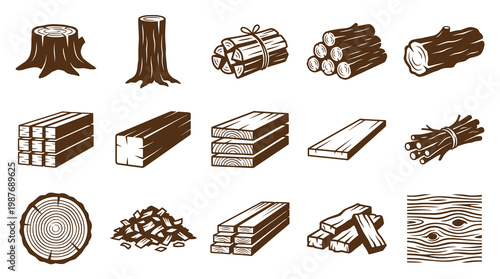 Woodworking  Construction Industry Wood Products: Stylized Line Art Monochrome Icon Set