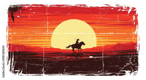 Vintage Cowboy Riding Horse at Sunset Western Silhouette