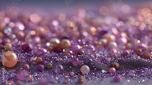 Colorful beads scatter across surface. Light creates soft blur. Scene feels dreamy. Macro composition of sparkling beads and glitter with pastel tones and bokeh. Abstract decorative background