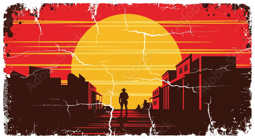 Vintage Cowboy Silhouette in Wild West Town at Sunset