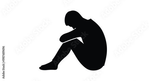 Minimalist vector graphic illustration of a sad man sitting alone on the ground in deep depression expressing feelings of mental health struggles and heavy loneliness