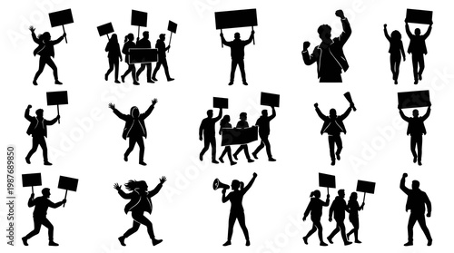 Protest Activism Silhouette Vector Set: People Holding Signs and Marching