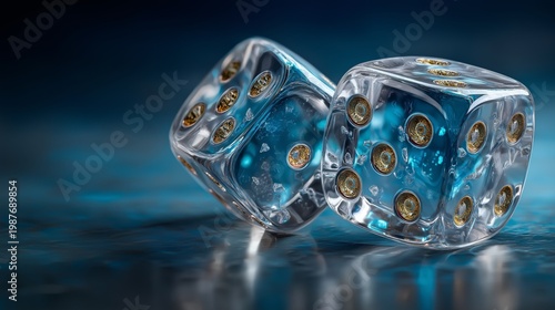 Glass dice rest on surface. Light reflects beautifully. Scene feels premium. Close up of transparent dice with metallic details on glossy background. Gaming concept with luxury materials