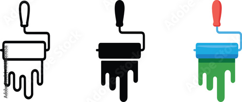 Paint roller icon set with brush and color tools, renovation and interior symbols, outline flat and colored vector illustration
