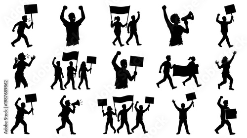 Protestors Activism Silhouette Vector Set with Signs, Flags, and Megaphones
