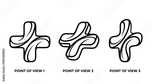 3D Cross Symbols Demonstrating Different Perspectives
