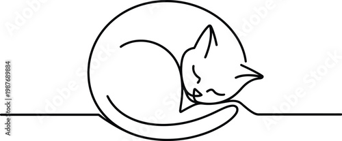 Minimalist line art drawing of a sleeping cat curled up peacefully