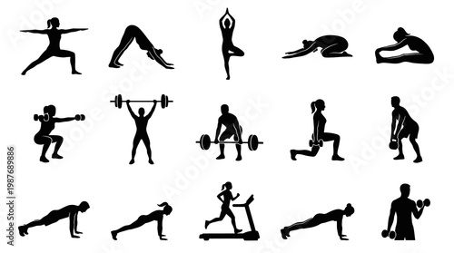 Fitness Workout Silhouettes Vector Icons Set - People Exercising, Yoga, Weightlifting  Running