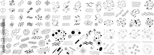 A diverse collection of black and white geometric shapes and patterns for creative design projects.
