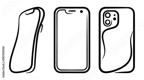 Minimalist Phone Outline Set Front Side and Back View